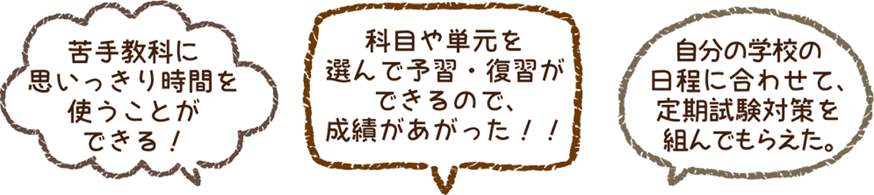 苦手教科に思いっきり時間を使うことができる! 科目や単元を選んで予習・復習ができるので、せいせきがあがった!! 自分の学校の日程に合わせて、定期試験対策を組んでもらえた。