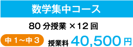 数学集中コース 80分授業×12回 中1〜中3 授業料 40,500円