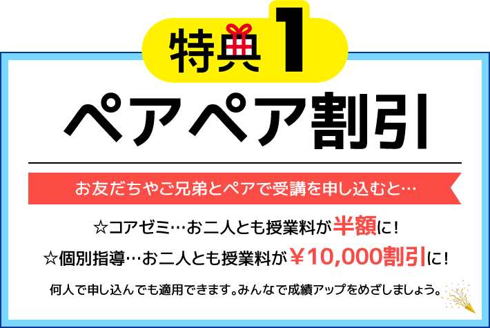 特典1 ペアペア割引 お友だちやご兄弟とペアで受講を申し込むと…☆コアゼミ…お二人とも授業料が半額に！☆個別指導…お二人とも授業料が￥10,000割引に！何人で申し込んでも適用できます。みんなで成績アップをめざしましょう。