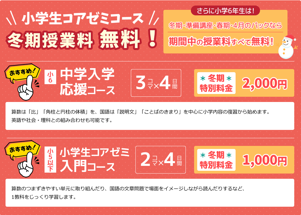 小学生コアゼミコース冬期授業料無料！さらに小学6年生は！冬期・準備講座・春期・4月のパックなら期間中の授業料すべて無料！／小6：中学入学応援コース 算数は「比」「角柱と円柱の体積」を、国語は「説明文」「ことばのきまり」を中心に小学内容の復習から始めます。英語や社会・理科との組み合わせも可能です。／小5以下：小学生コアゼミ入門コース 算数のつまずきやすい単元に取り組んだり、国語の文章問題で場面をイメージしながら読んだりするなど、1教科をじっくり学習します。