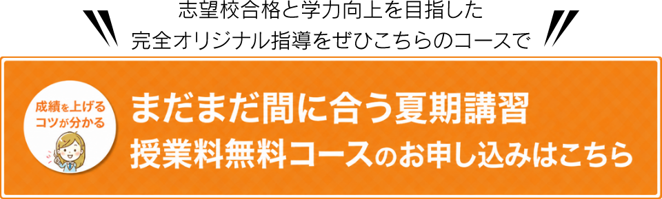 志望校合格と学力向上を目指した完全オリジナル指導をぜひこちらのコースで 成績を上げるコツが分かる まだまだ間に合う夏期講習 授業料無料コースのお申し込みはこちら