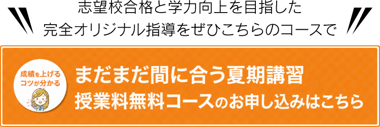 志望校合格と学力向上を目指した完全オリジナル指導をぜひこちらのコースで 成績を上げるコツが分かる まだまだ間に合う夏期講習 授業料無料コースのお申し込みはこちら